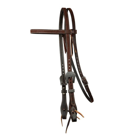 Brown leather horse bridle with decorative buckle on a white background