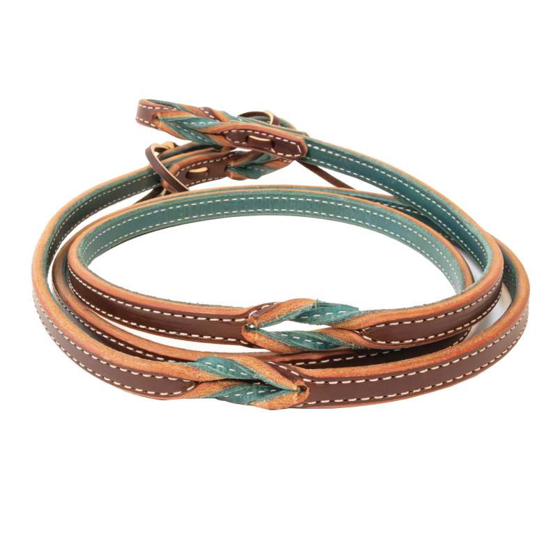 Brown and green  leather pony reins on a white background