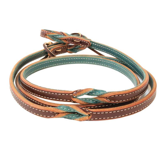 Brown and green  leather pony reins on a white background