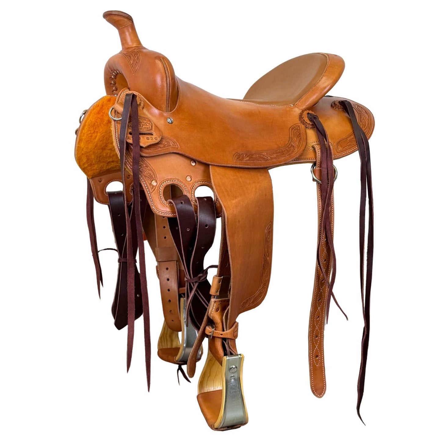 16" McLite All-Around Trail Saddle with Padded Seat, Medium Oil with Runing Leaf Border Tooling - #A196826