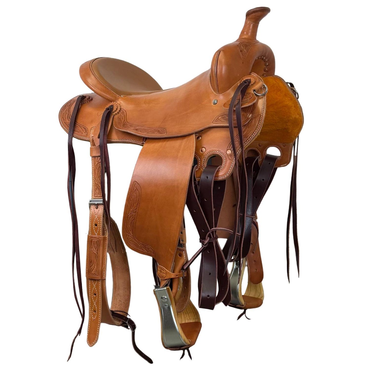 16" McLite All-Around Trail Saddle with Padded Seat, Medium Oil with Runing Leaf Border Tooling - #A196826