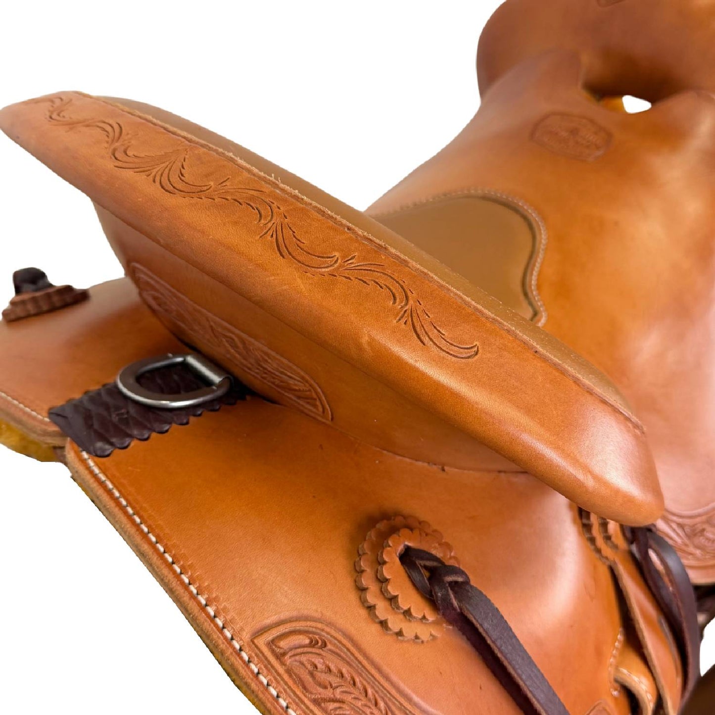 16" McLite All-Around Trail Saddle with Padded Seat, Medium Oil with Runing Leaf Border Tooling - #A196826