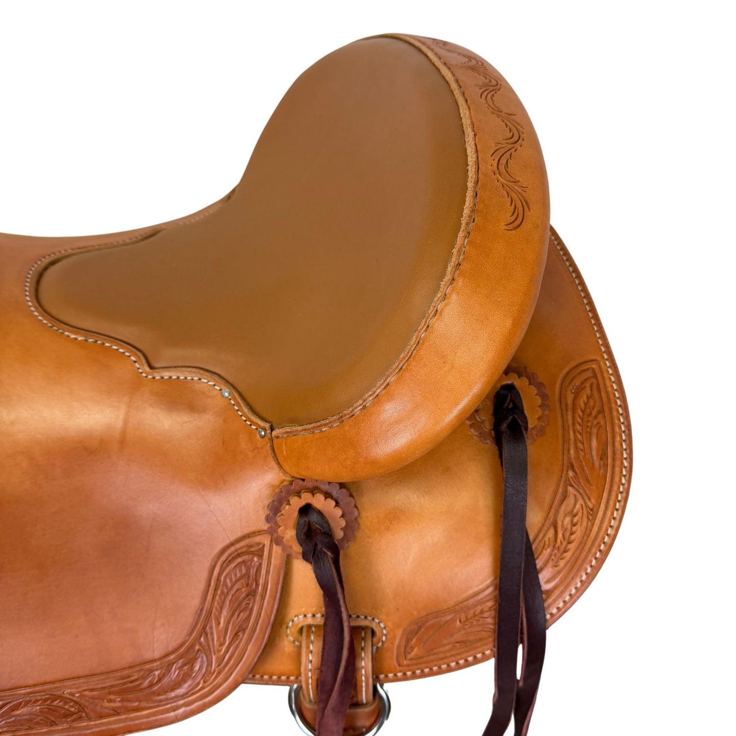 16" McLite All-Around Trail Saddle with Padded Seat, Medium Oil with Runing Leaf Border Tooling - #A196826