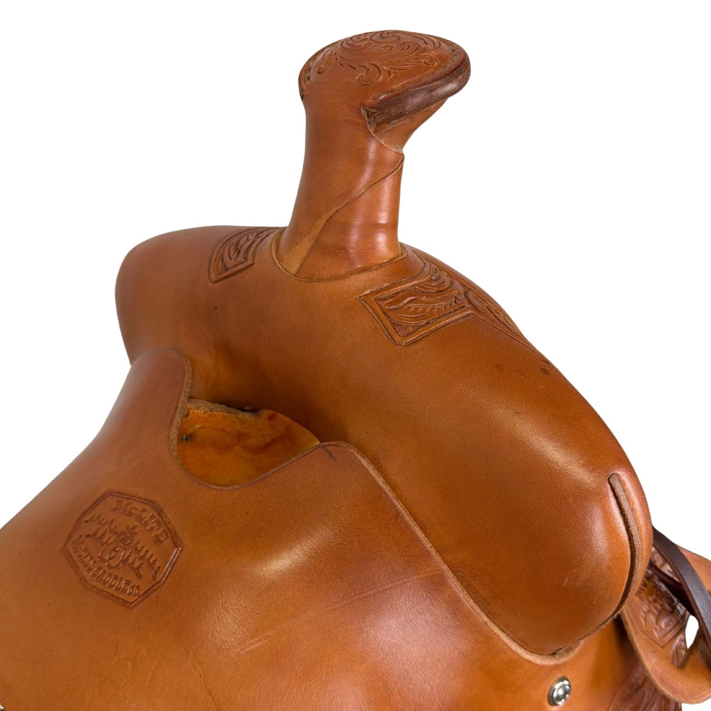 16" McLite All-Around Trail Saddle with Padded Seat, Medium Oil with Runing Leaf Border Tooling - #A196826