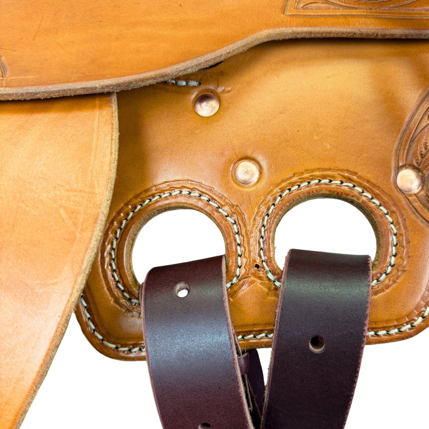 16" McLite All-Around Trail Saddle with Padded Seat, Medium Oil with Runing Leaf Border Tooling - #A196826