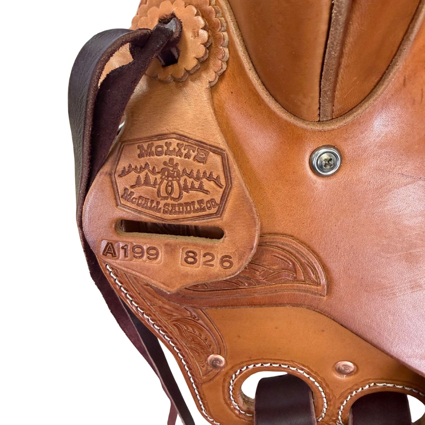 16" McLite All-Around Trail Saddle with Padded Seat, Medium Oil with Runing Leaf Border Tooling - #A196826