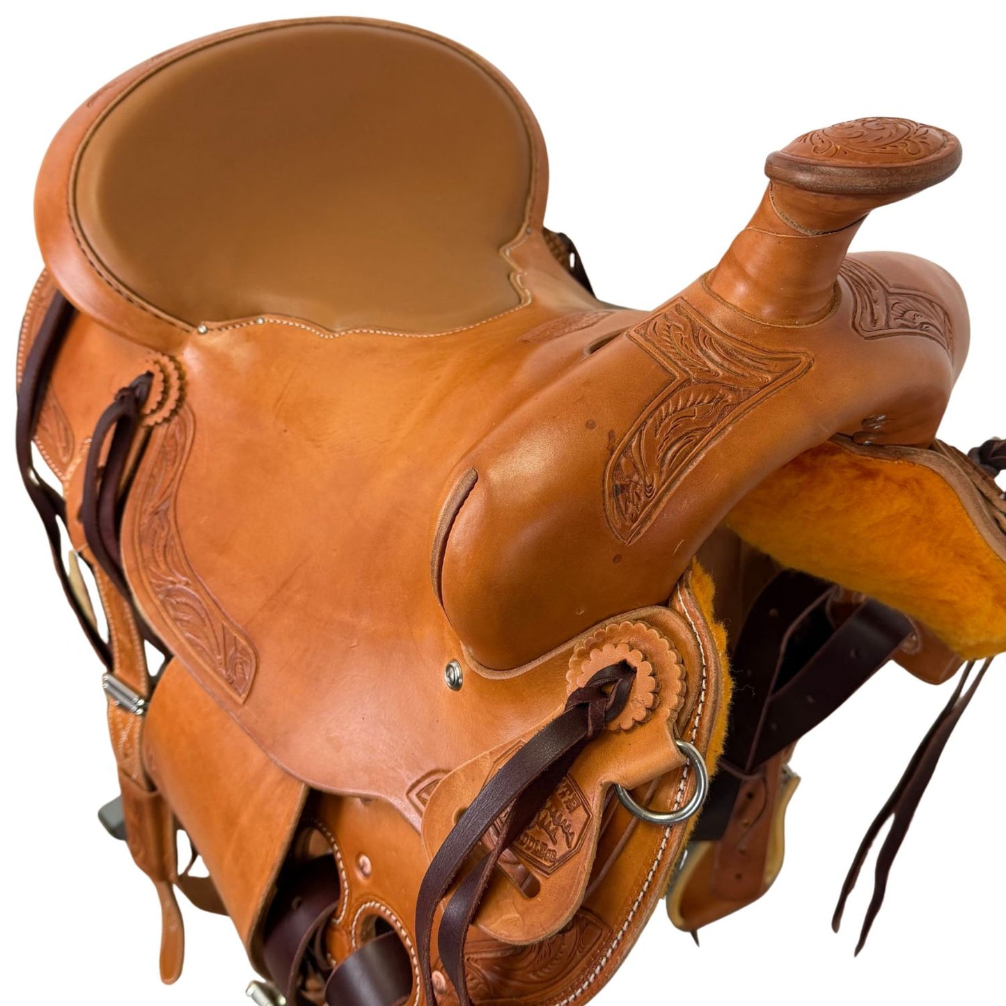 16" McLite All-Around Trail Saddle with Padded Seat, Medium Oil with Runing Leaf Border Tooling - #A196826