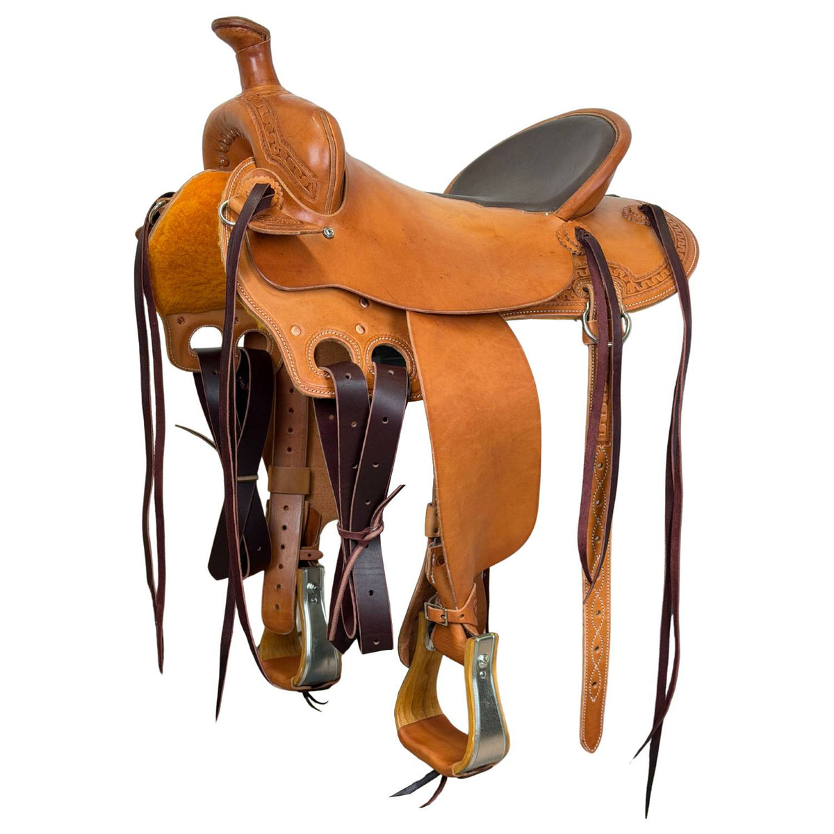 16" McLite All-Around Trail Saddle with Padded Seat, Medium Oil with Carlos Border Tooling - #A2381026