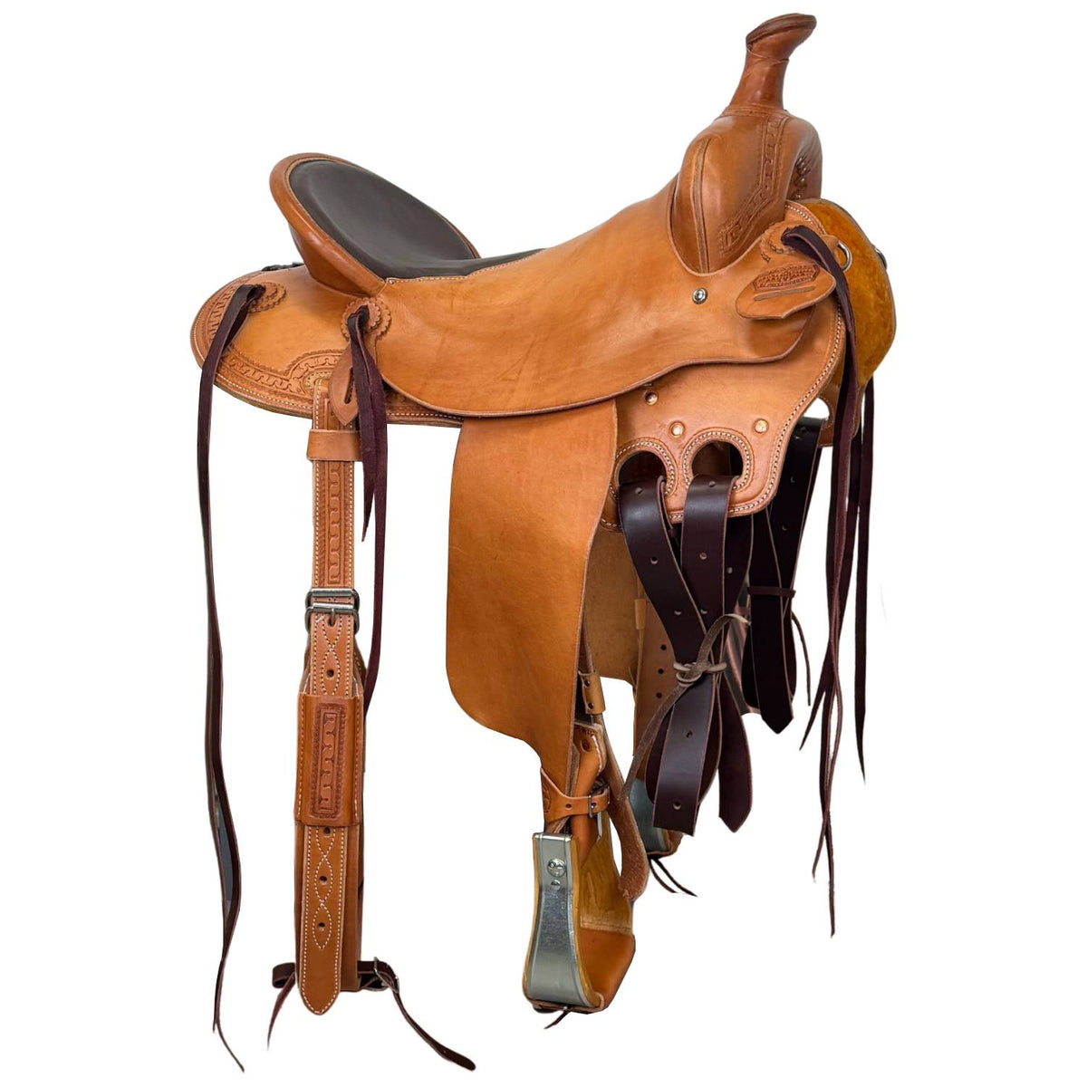 16" McLite All-Around Trail Saddle with Padded Seat, Medium Oil with Carlos Border Tooling - #A2381026