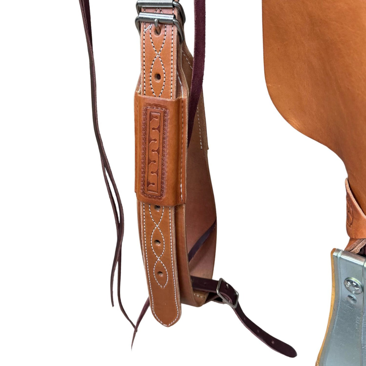 16" McLite All-Around Trail Saddle with Padded Seat, Medium Oil with Carlos Border Tooling - #A2381026