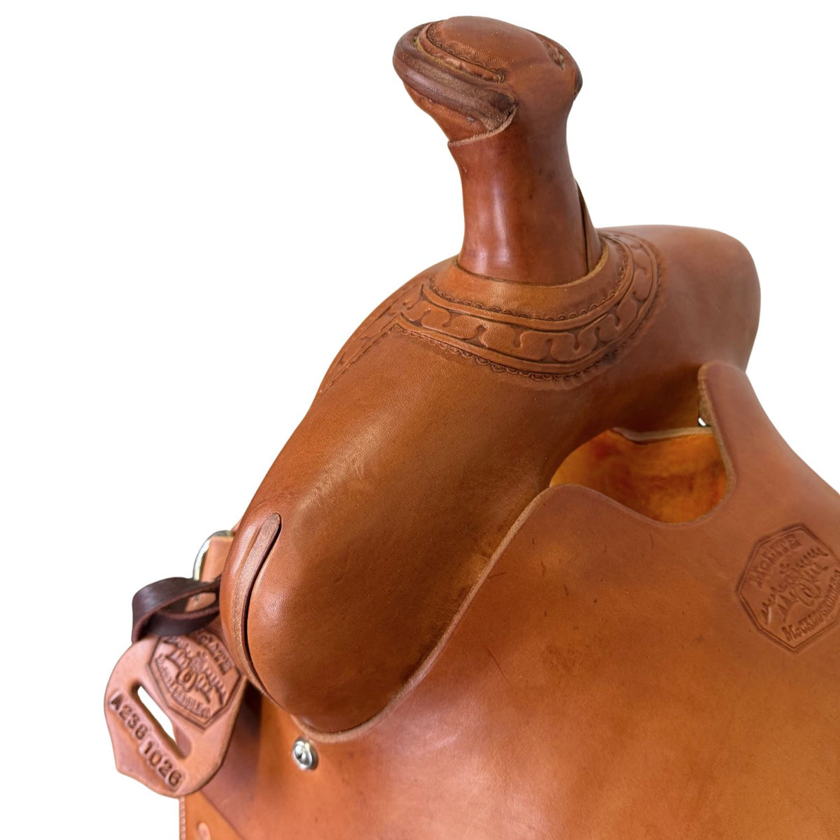16" McLite All-Around Trail Saddle with Padded Seat, Medium Oil with Carlos Border Tooling - #A2381026