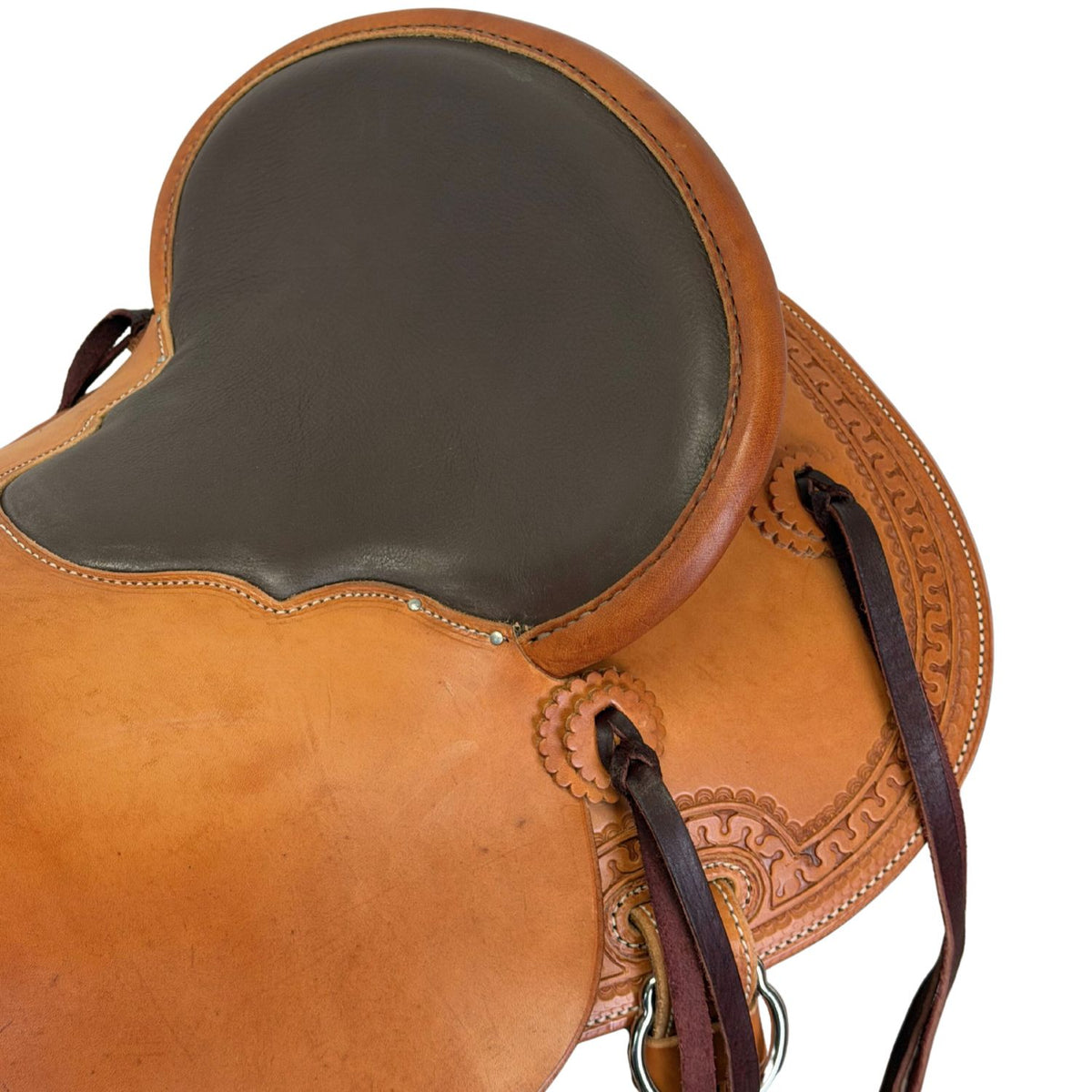 16" McLite All-Around Trail Saddle with Padded Seat, Medium Oil with Carlos Border Tooling - #A2381026