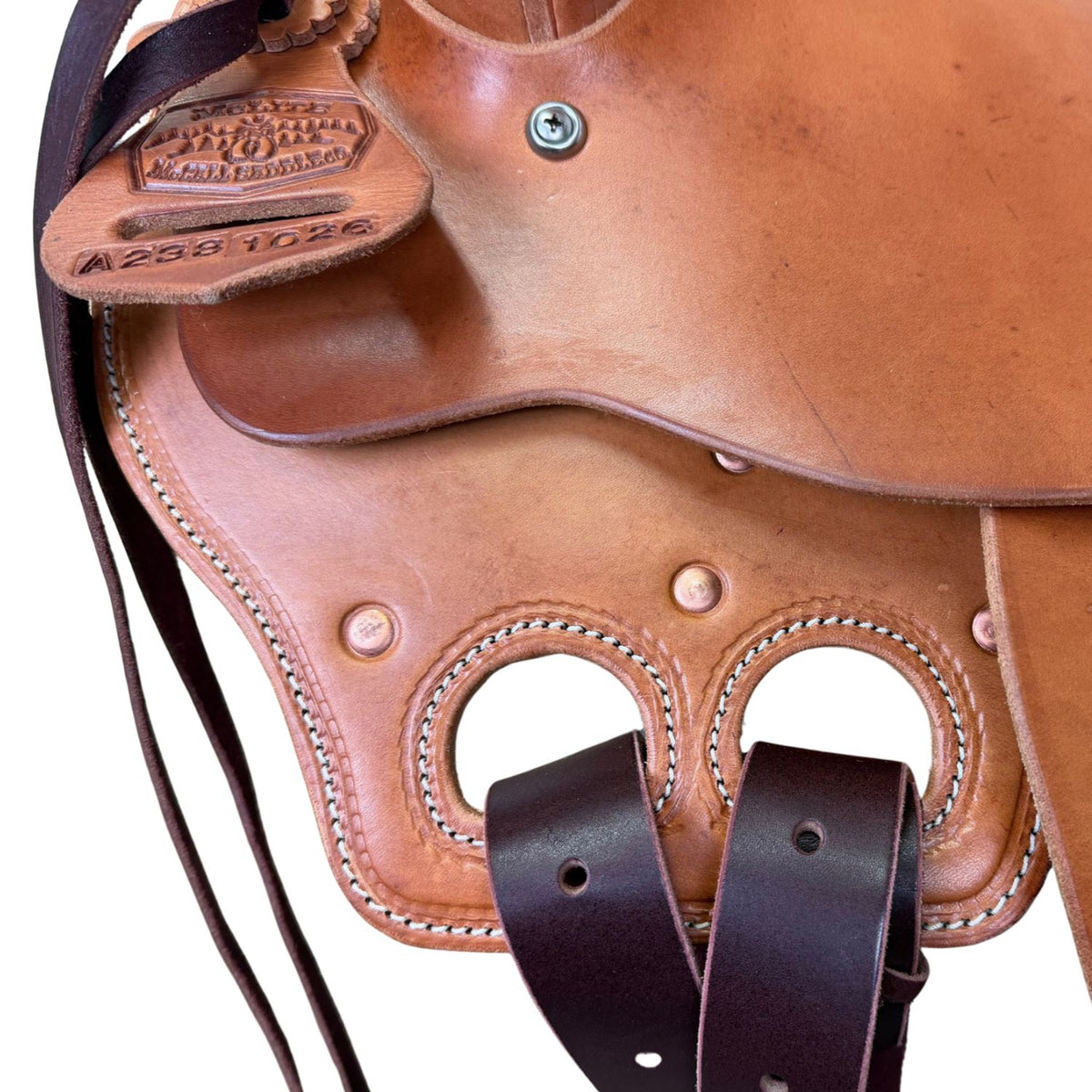 16" McLite All-Around Trail Saddle with Padded Seat, Medium Oil with Carlos Border Tooling - #A2381026