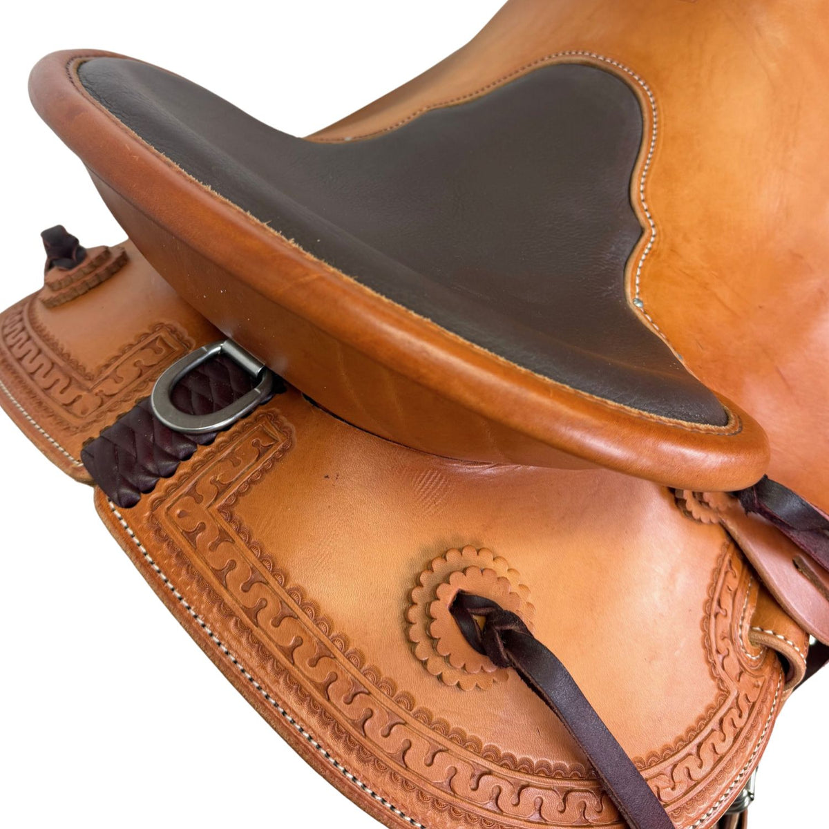 16" McLite All-Around Trail Saddle with Padded Seat, Medium Oil with Carlos Border Tooling - #A2381026