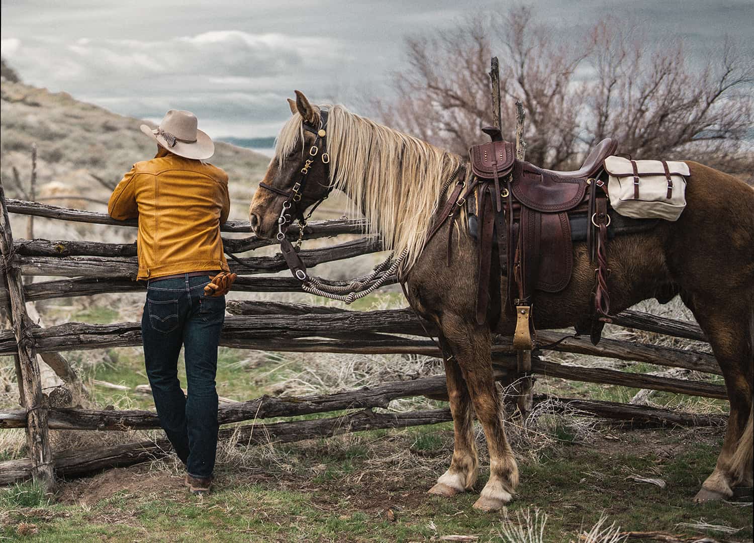 Man leaning on a wooden fence next to his horse which has a riding saddle with a set of TrailMax canvas saddlebags on his back