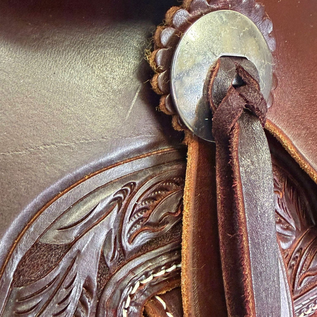 15" McCall McLite Wade Trail Saddle, Dark Oil with Stainless Steel Conchos & Running Leaf Border Tooling - #W2571126