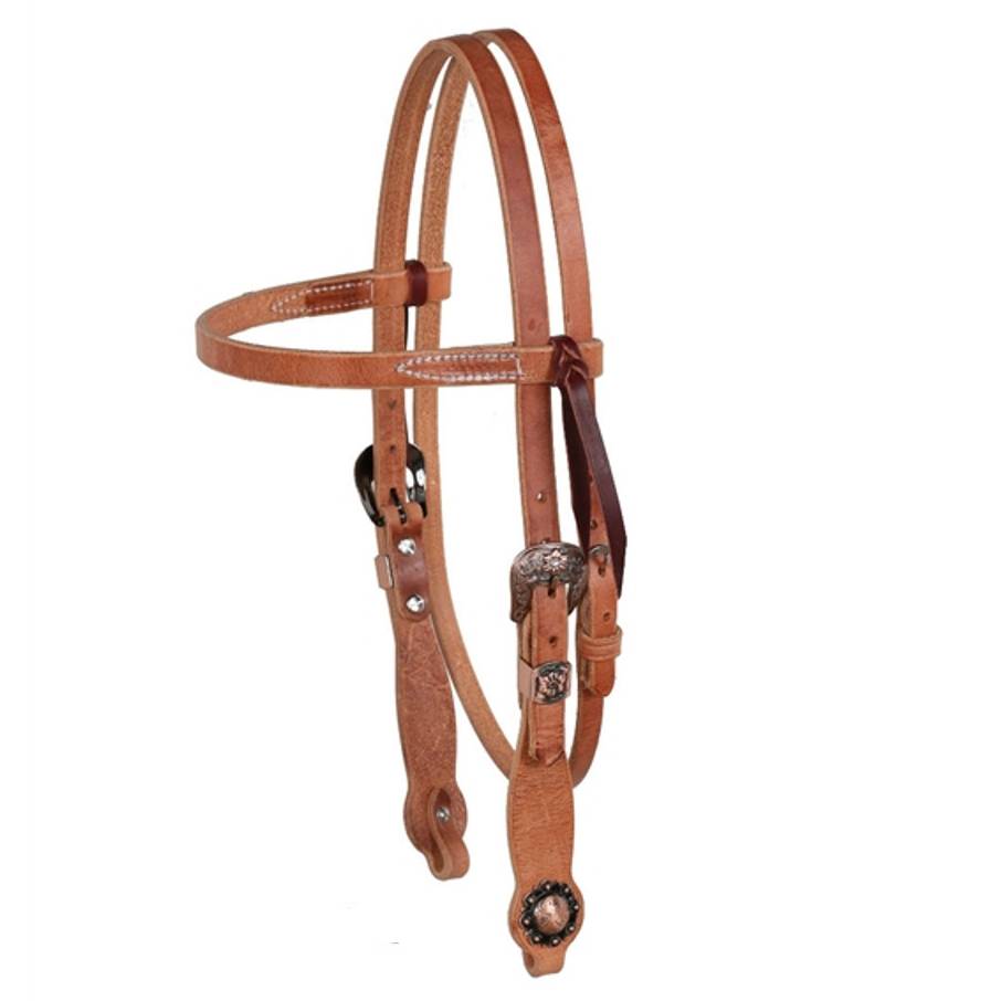 A brown leather horse headstall with silver conchos and white stitching, shown against a plain white background.