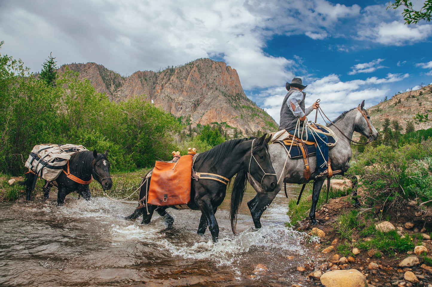Man on horse leading 2 horses with pack saddles and panniers across a creek