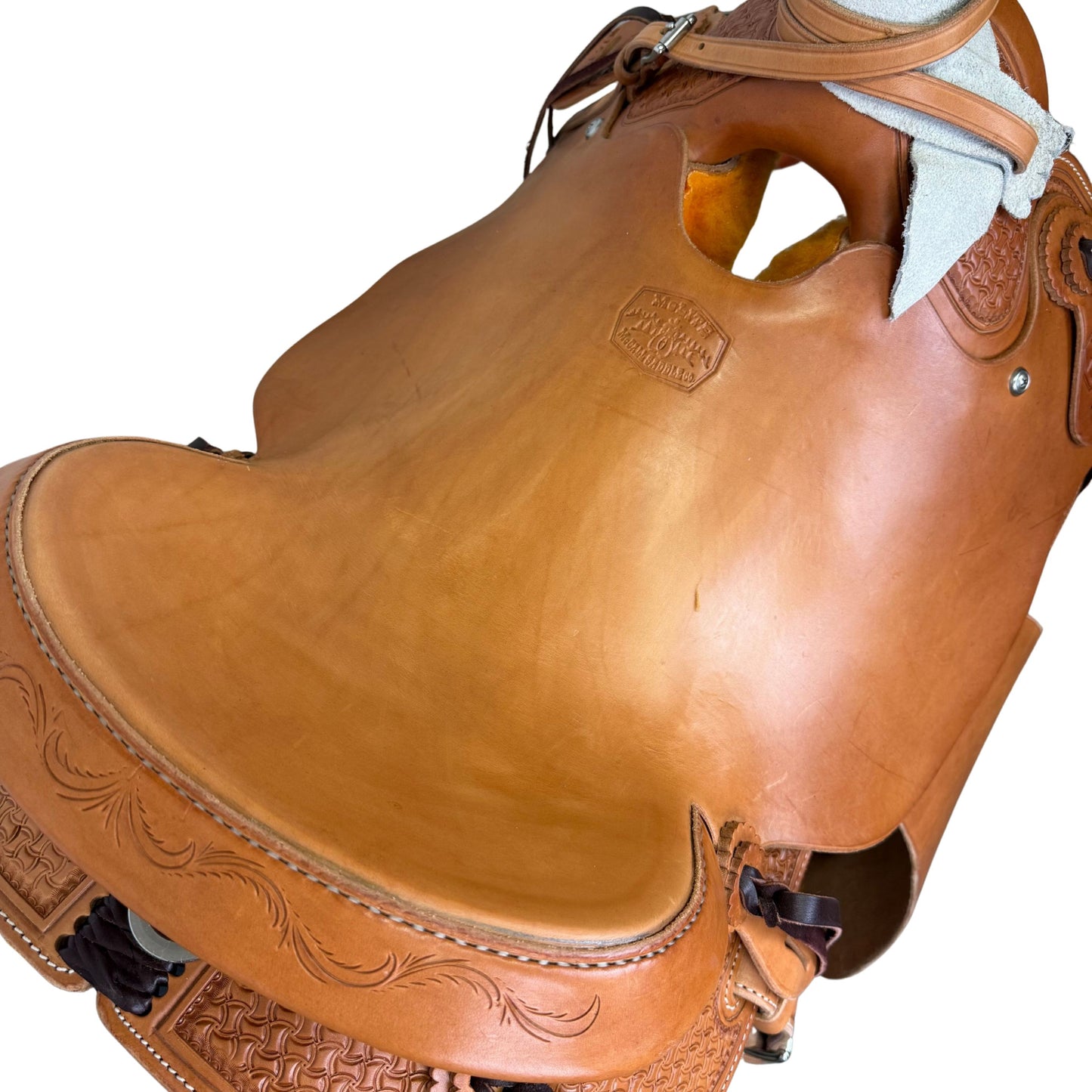 15" McCall McLite Wade Trail Saddle, Light Oil with Crazy Leg Tooling, Hamley Plate Rigging