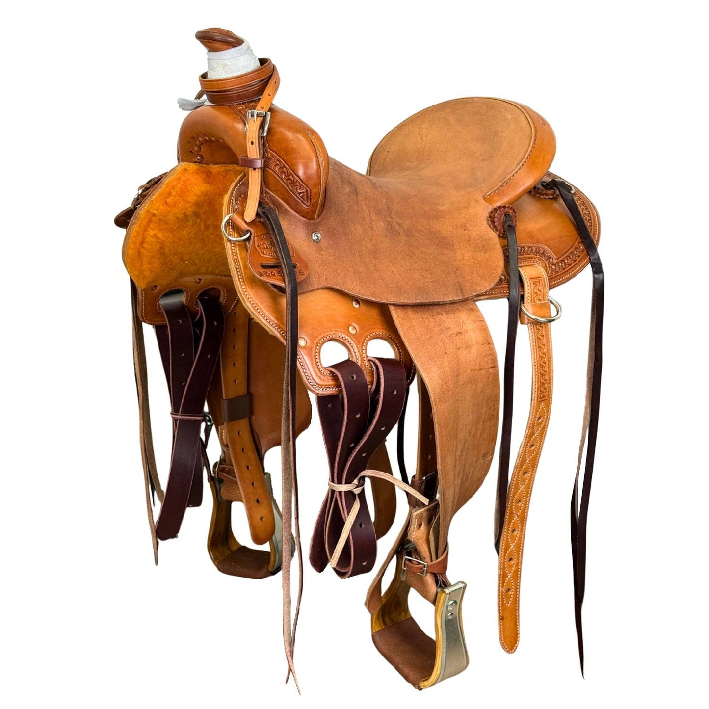 15" McCall McLite All-Around Trail Saddle with Roughout Seat and Crazy Leg Border Tooling