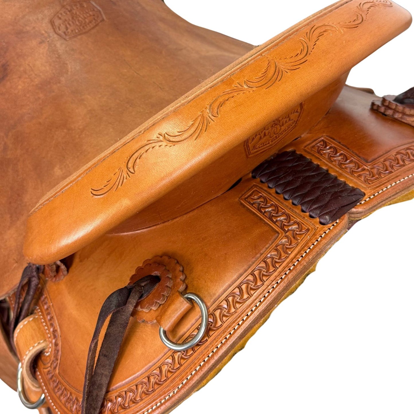 15" McCall McLite All-Around Trail Saddle with Roughout Seat and Crazy Leg Border Tooling