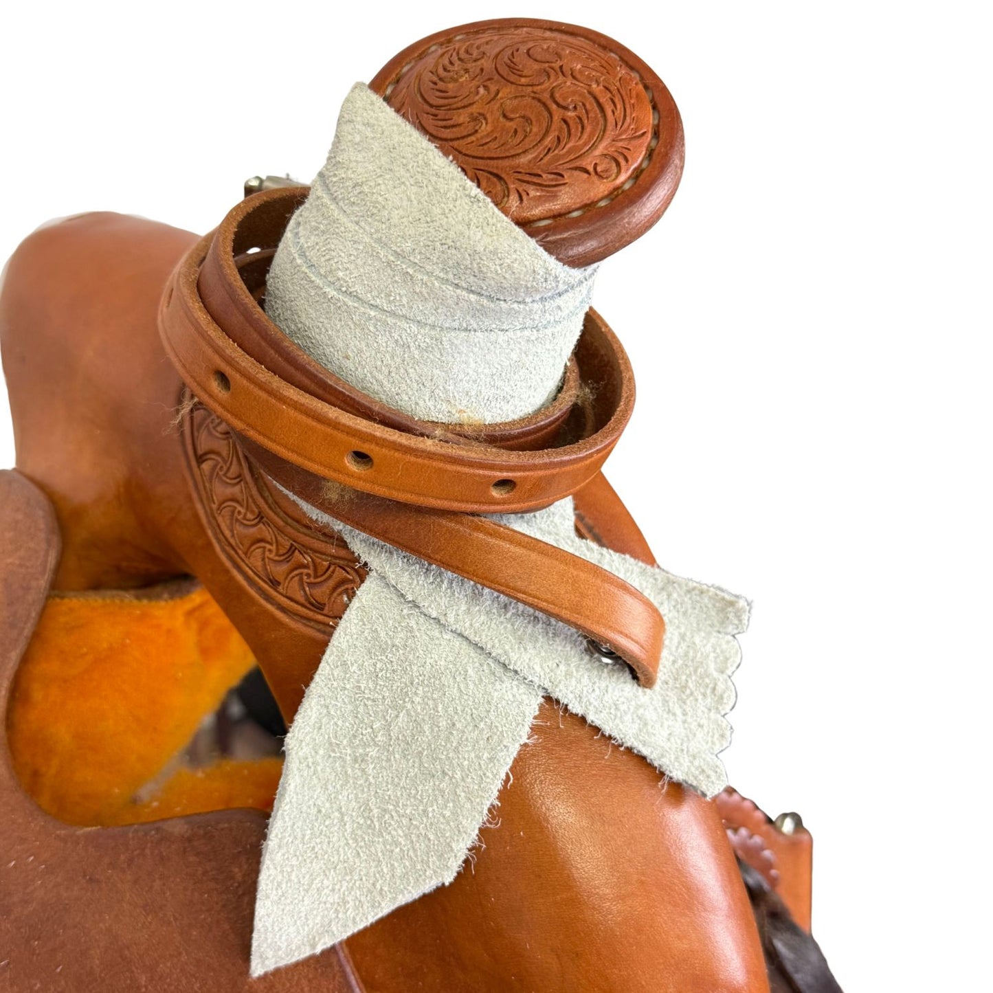 15" McCall McLite All-Around Trail Saddle with Roughout Seat and Crazy Leg Border Tooling