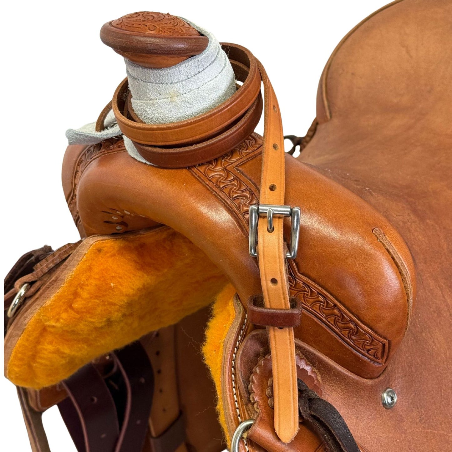 15" McCall McLite All-Around Trail Saddle with Roughout Seat and Crazy Leg Border Tooling