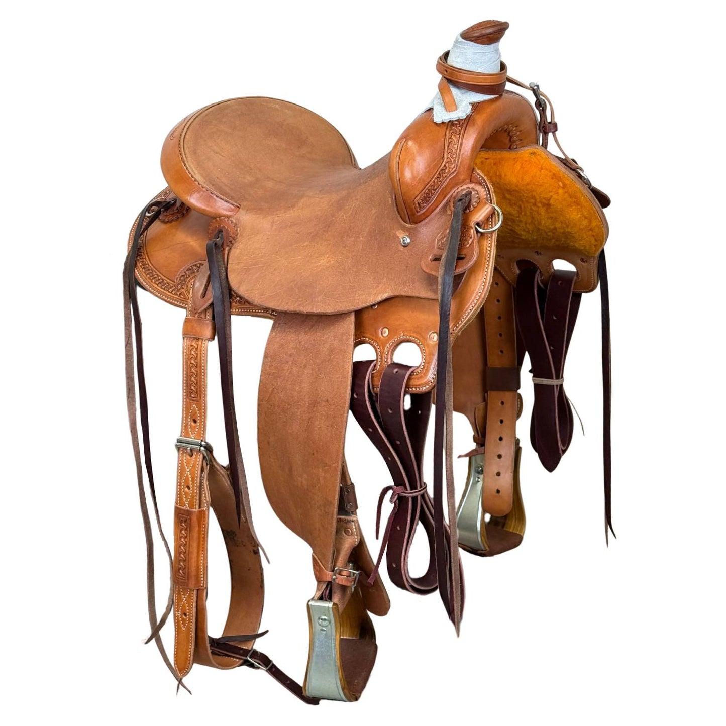 15" McCall McLite All-Around Trail Saddle with Roughout Seat and Crazy Leg Border Tooling
