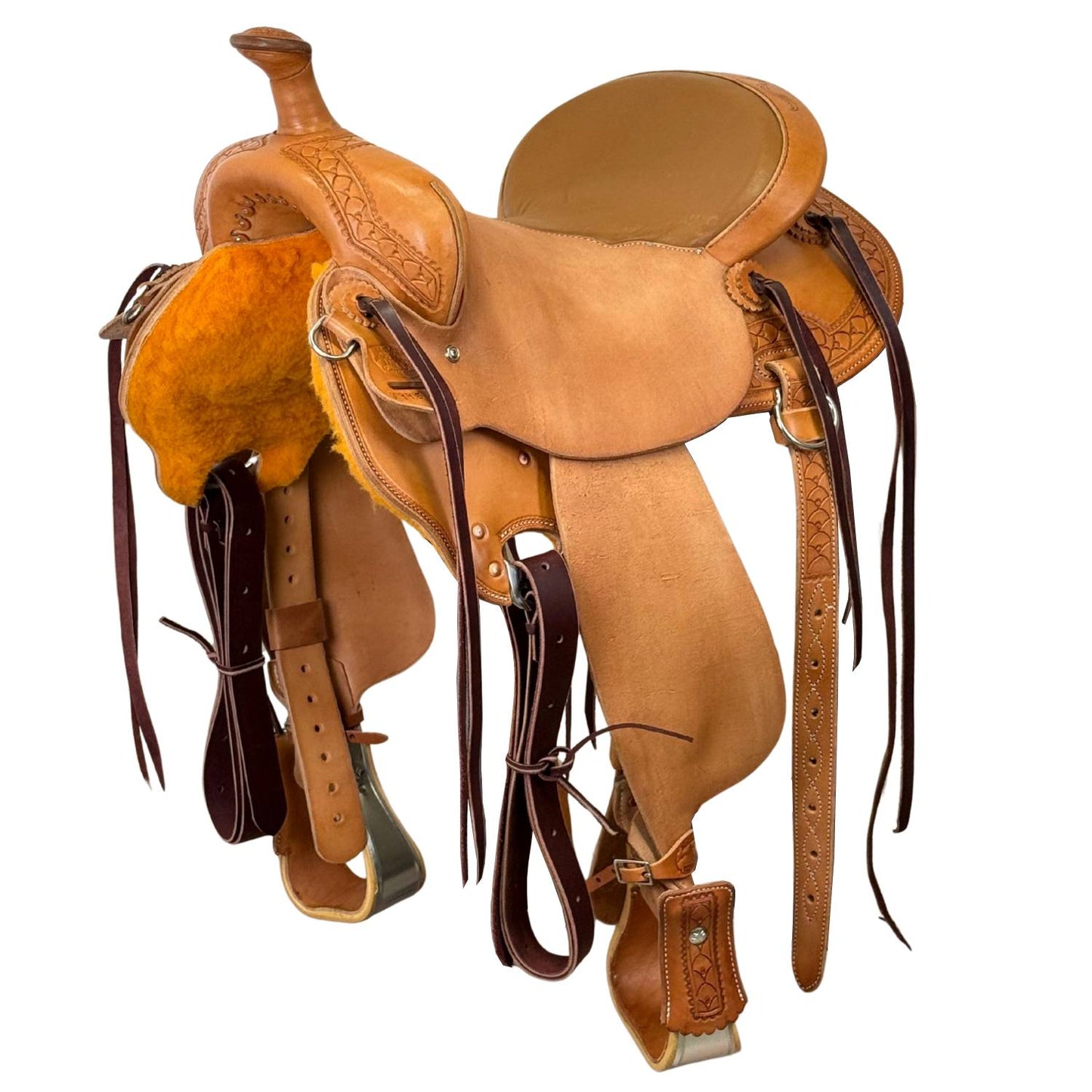 15" McLite All-Around Trail Saddle with Padded Seat, Roughout Jockey, Light Oil with Shell Border Tooling