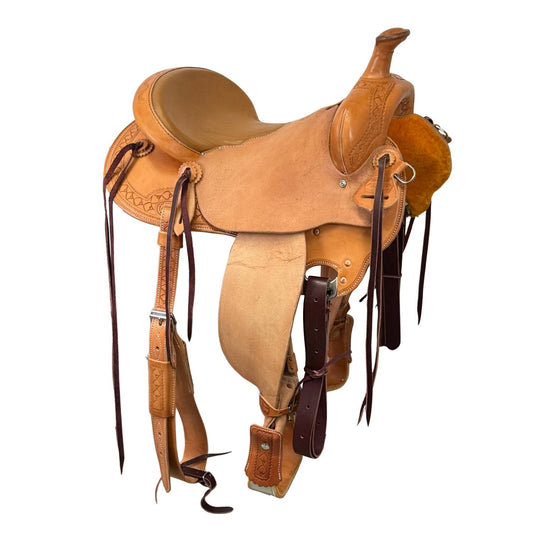 15" McLite All-Around Trail Saddle with Padded Seat, Roughout Jockey, Light Oil with Shell Border Tooling