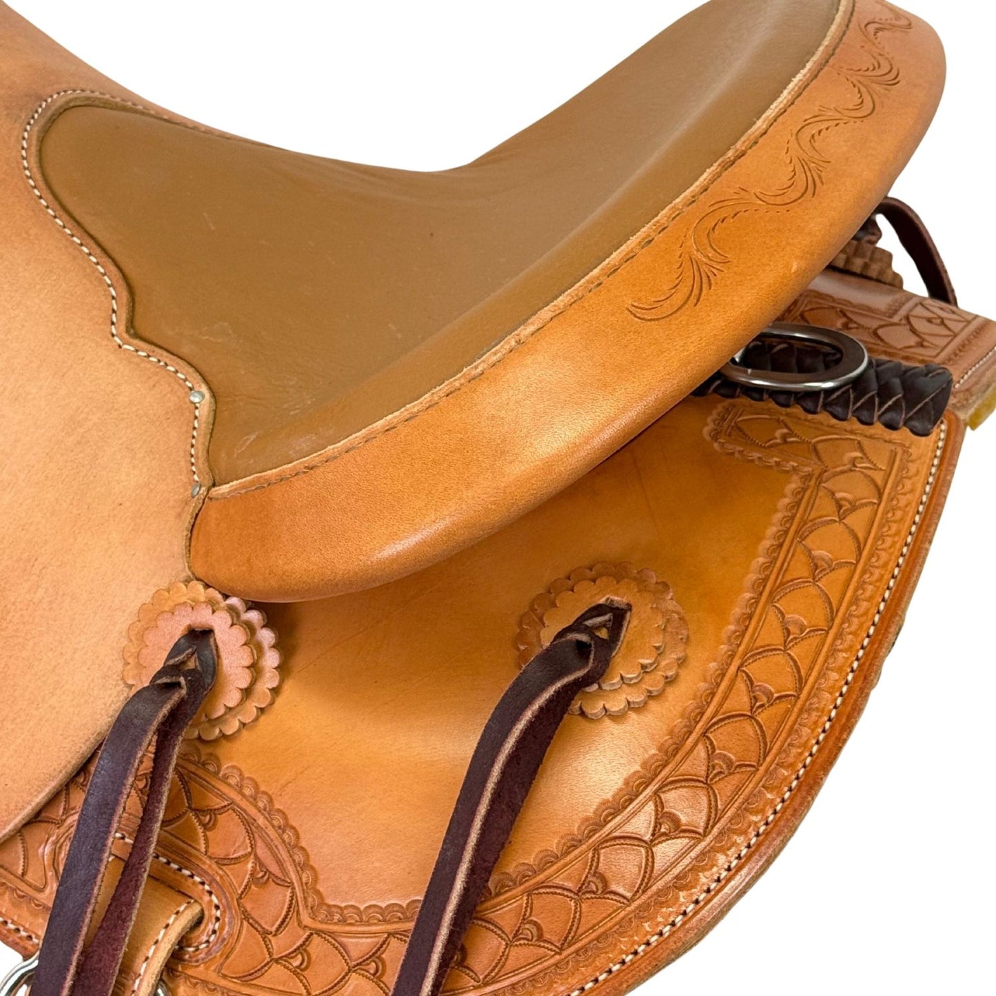 15" McLite All-Around Trail Saddle with Padded Seat, Roughout Jockey, Light Oil with Shell Border Tooling