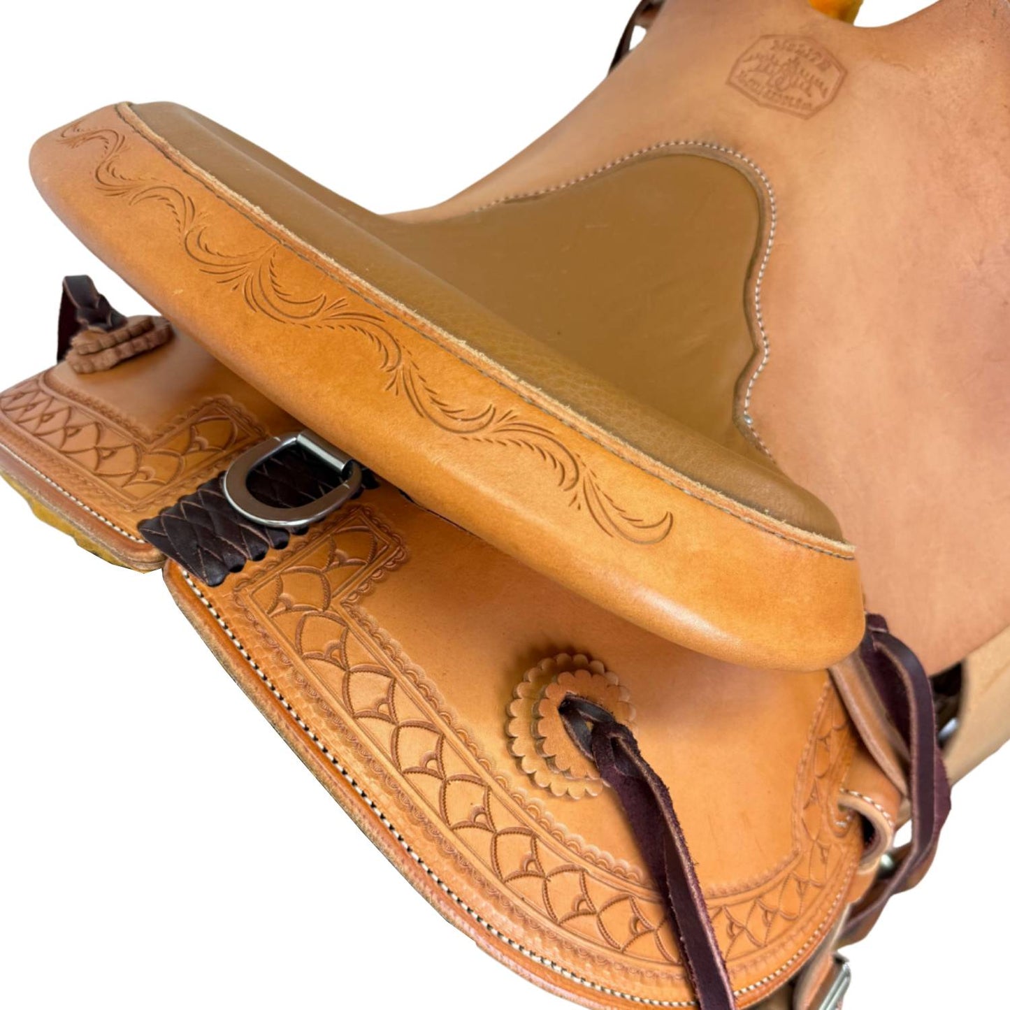 15" McLite All-Around Trail Saddle with Padded Seat, Roughout Jockey, Light Oil with Shell Border Tooling