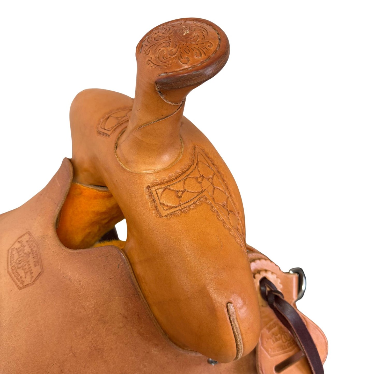 15" McLite All-Around Trail Saddle with Padded Seat, Roughout Jockey, Light Oil with Shell Border Tooling