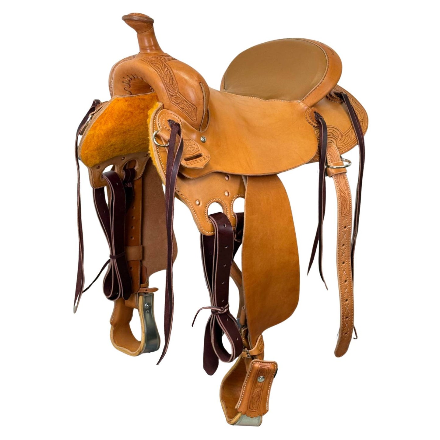 16" McCall McLite All-Around Trail Saddle, Light Oil with Padded Seat and Running Leaf Border Tooling