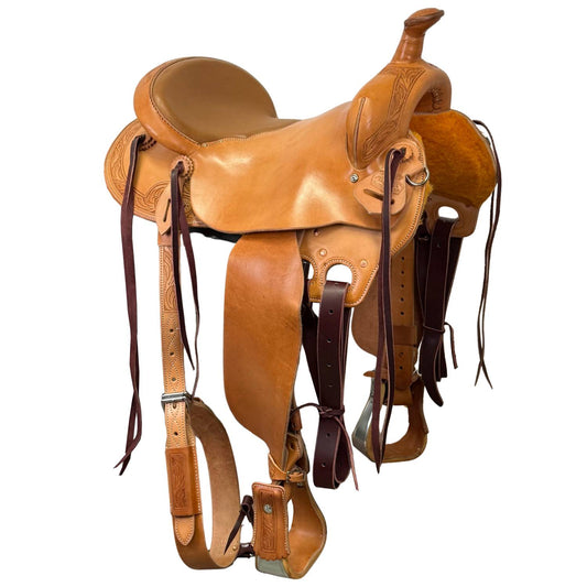 16" McCall McLite All-Around Trail Saddle, Light Oil with Padded Seat and Running Leaf Border Tooling