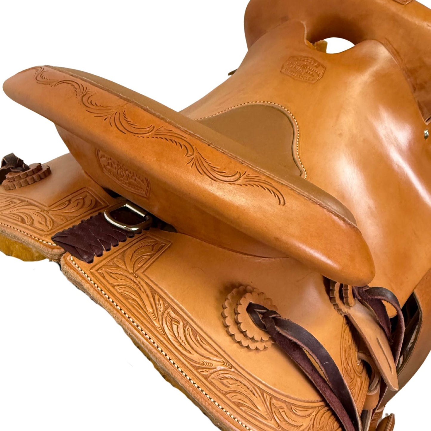 16" McCall McLite All-Around Trail Saddle, Light Oil with Padded Seat and Running Leaf Border Tooling