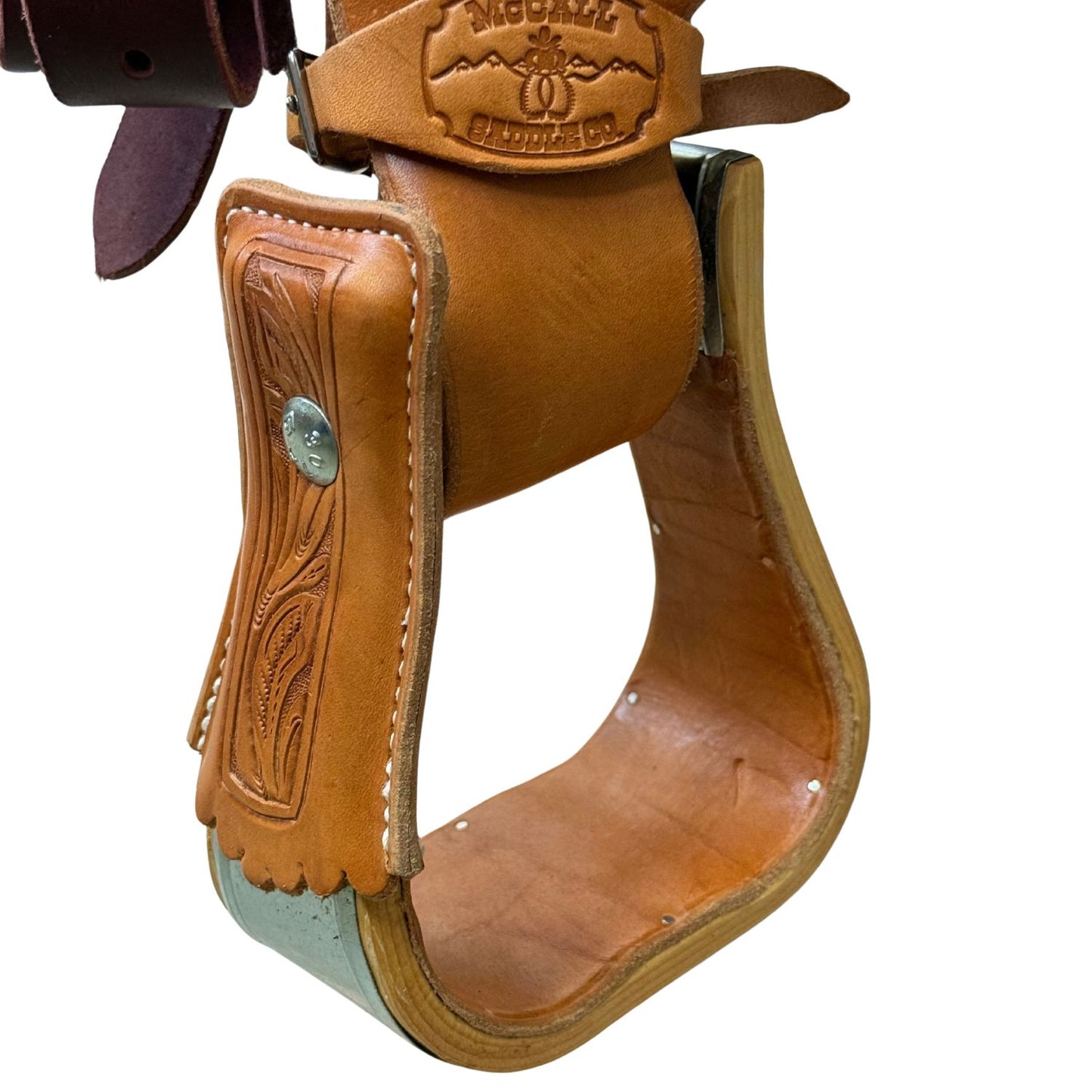 16" McCall McLite All-Around Trail Saddle, Light Oil with Padded Seat and Running Leaf Border Tooling