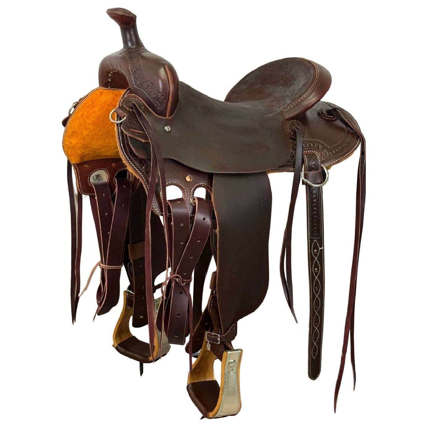 15.5" McLite All-Around Trail Saddle with Roughout Hardseat, Dark Oil with Carlos Border Tooling