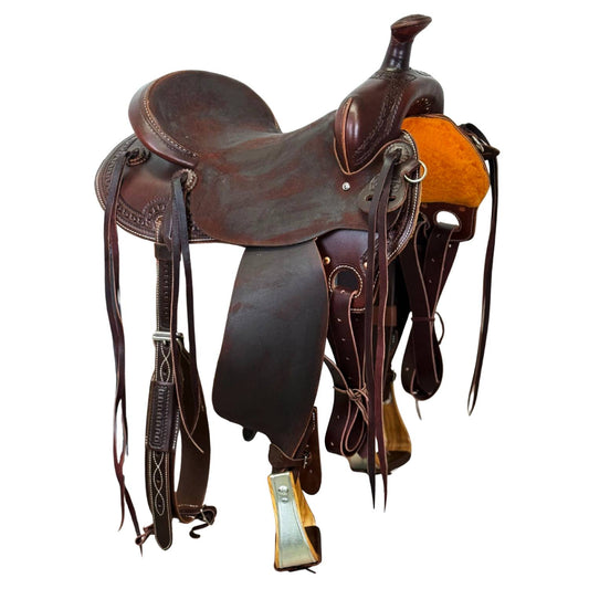 15.5" McLite All-Around Trail Saddle with Roughout Hardseat, Dark Oil with Carlos Border Tooling