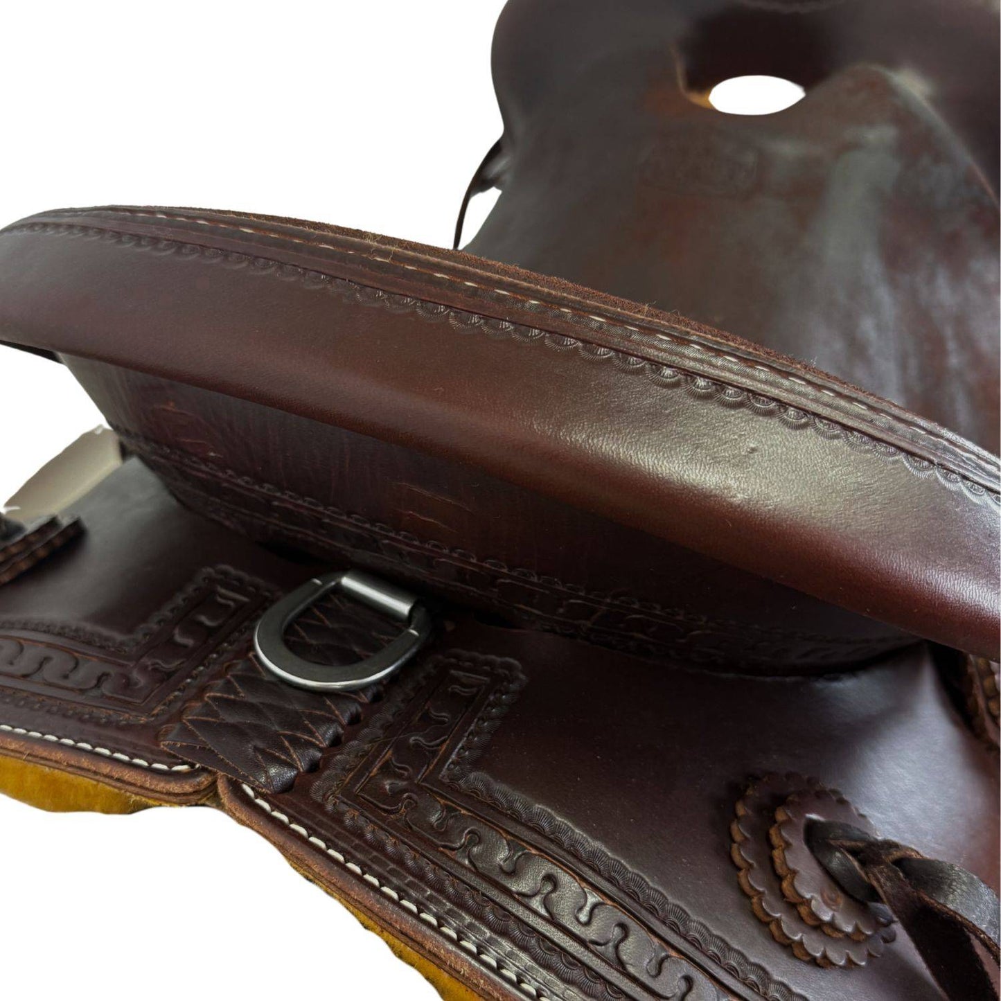 15.5" McLite All-Around Trail Saddle with Roughout Hardseat, Dark Oil with Carlos Border Tooling