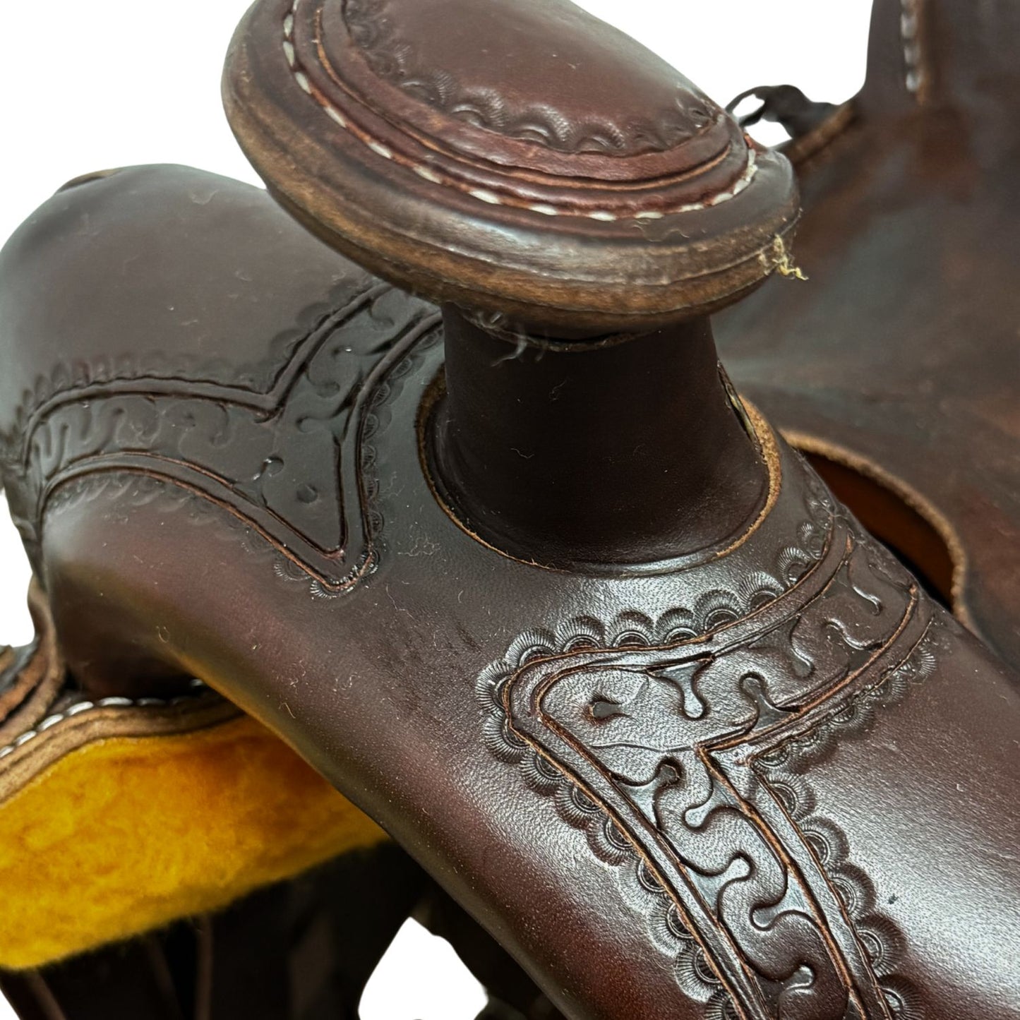 15.5" McLite All-Around Trail Saddle with Roughout Hardseat, Dark Oil with Carlos Border Tooling