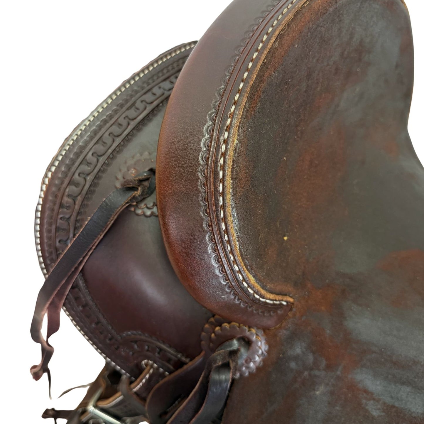 15.5" McLite All-Around Trail Saddle with Roughout Hardseat, Dark Oil with Carlos Border Tooling