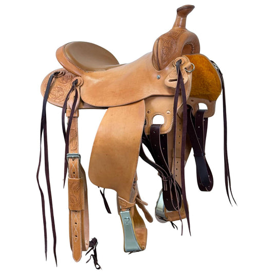 16" McLite All-Around Trail Saddle with Padded Seat, Light Oil with Wyoming Floral Tooling