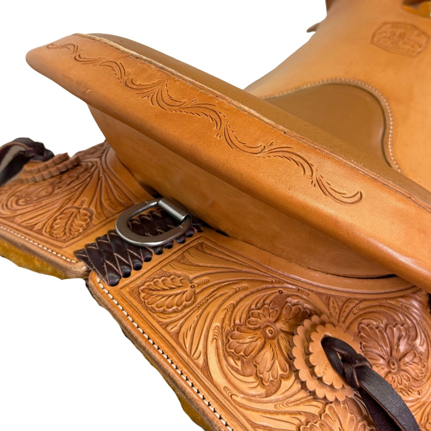 16" McLite All-Around Trail Saddle with Padded Seat, Light Oil with Wyoming Floral Tooling