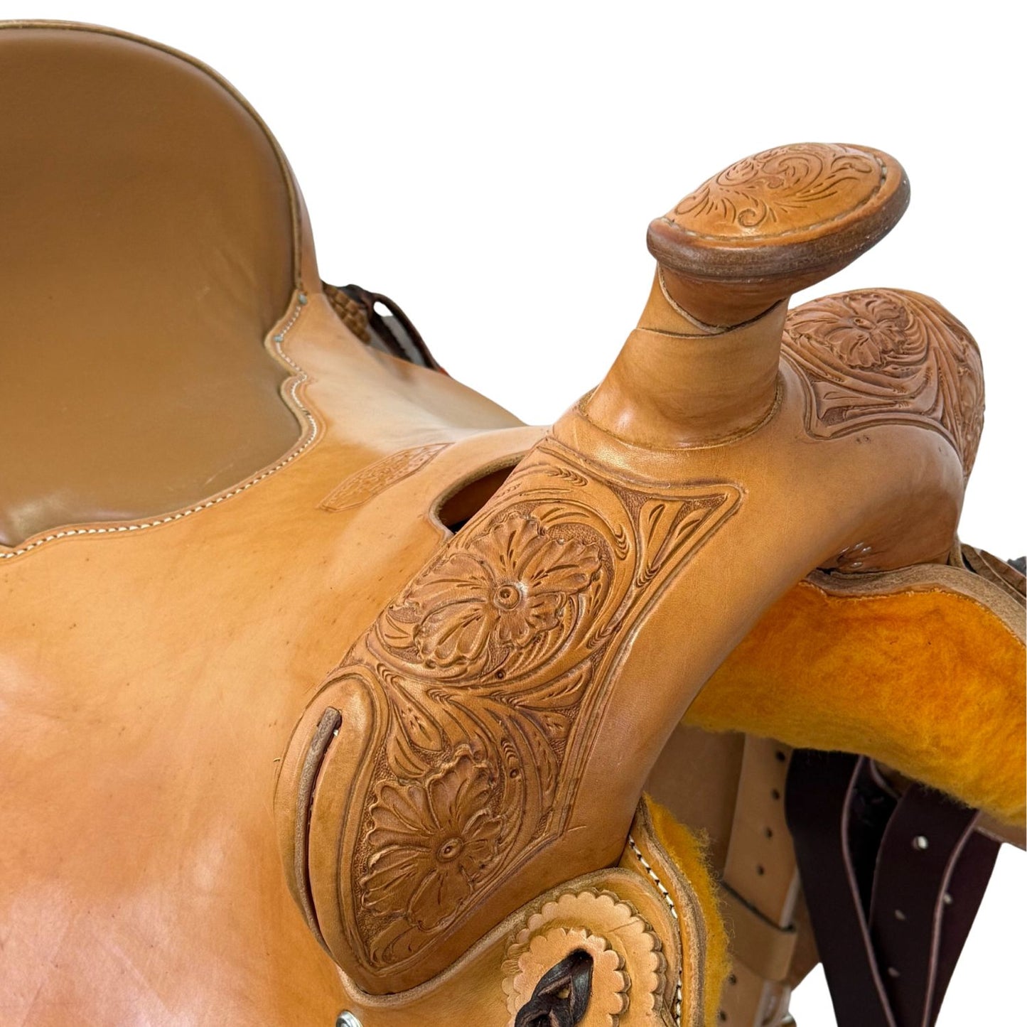 16" McLite All-Around Trail Saddle with Padded Seat, Light Oil with Wyoming Floral Tooling