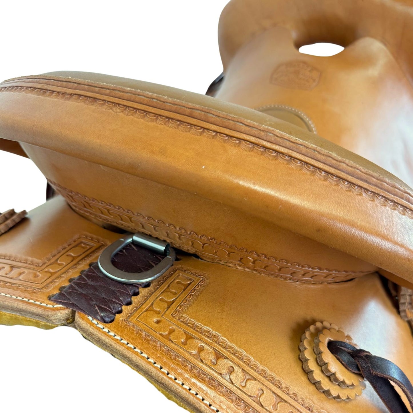 15.5" McLite All-Around Trail Saddle with Padded Seat, Light Oil with Carlos Border Tooling