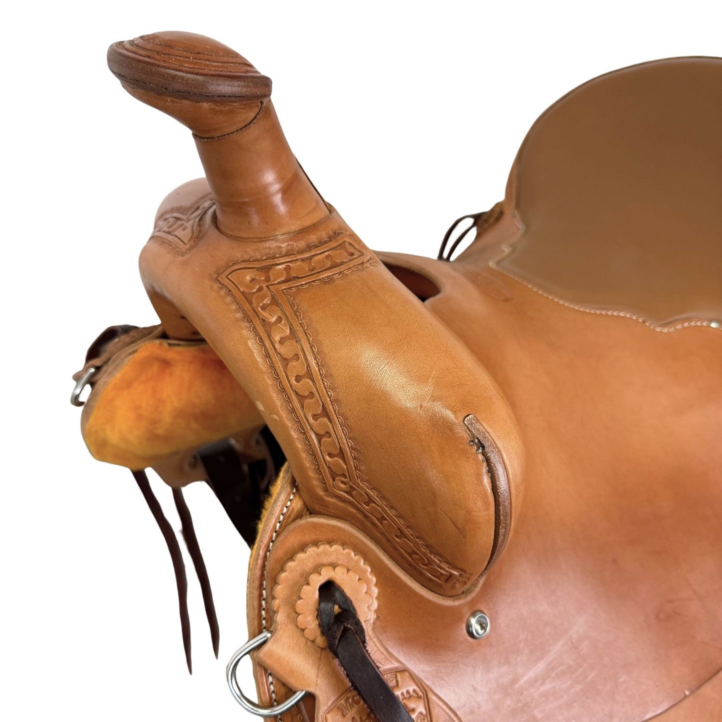 15.5" McLite All-Around Trail Saddle with Padded Seat, Light Oil with Carlos Border Tooling