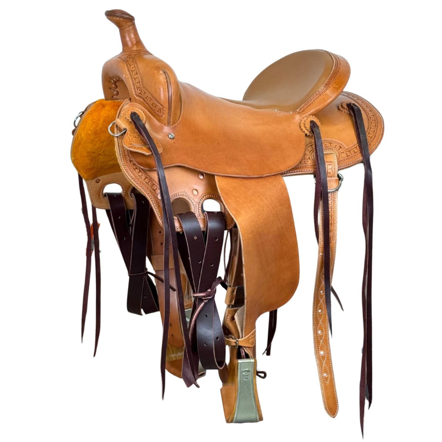 15.5" McLite All-Around Trail Saddle with Padded Seat, Light Oil with Carlos Border Tooling