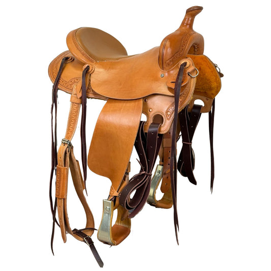 15.5" McLite All-Around Trail Saddle with Padded Seat, Light Oil with Carlos Border Tooling