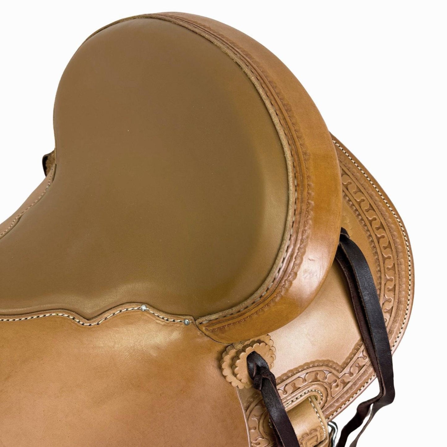 15.5" McLite All-Around Trail Saddle with Padded Seat, Light Oil with Carlos Border Tooling